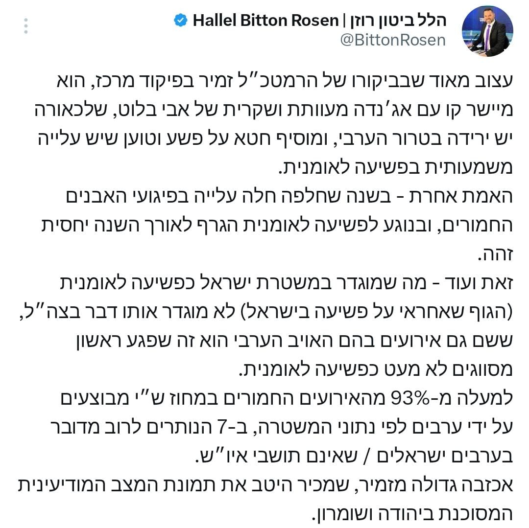 הלל ביטון רוזן: עצוב מאוד שבביקורו של הרמטכ״ל זמיר בפיקוד מרכז, הוא מ…