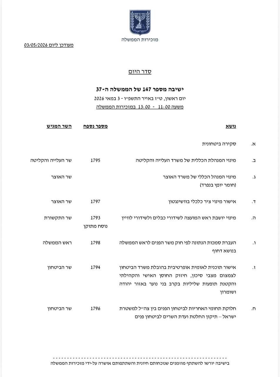 סדר היום המעודכן של הממשלה כולל את מינוי יו״ר מועצת הכבלים והלווין ומ…