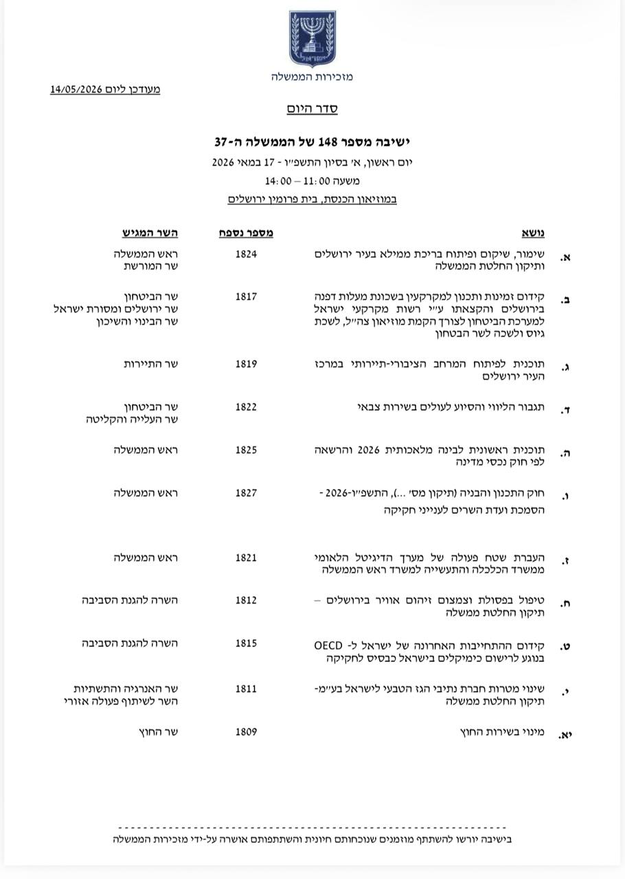 ישיבת ממשלה מיוחדת ליום ירושלים ביום ראשון עם שורה של החלטות לטובת הע…