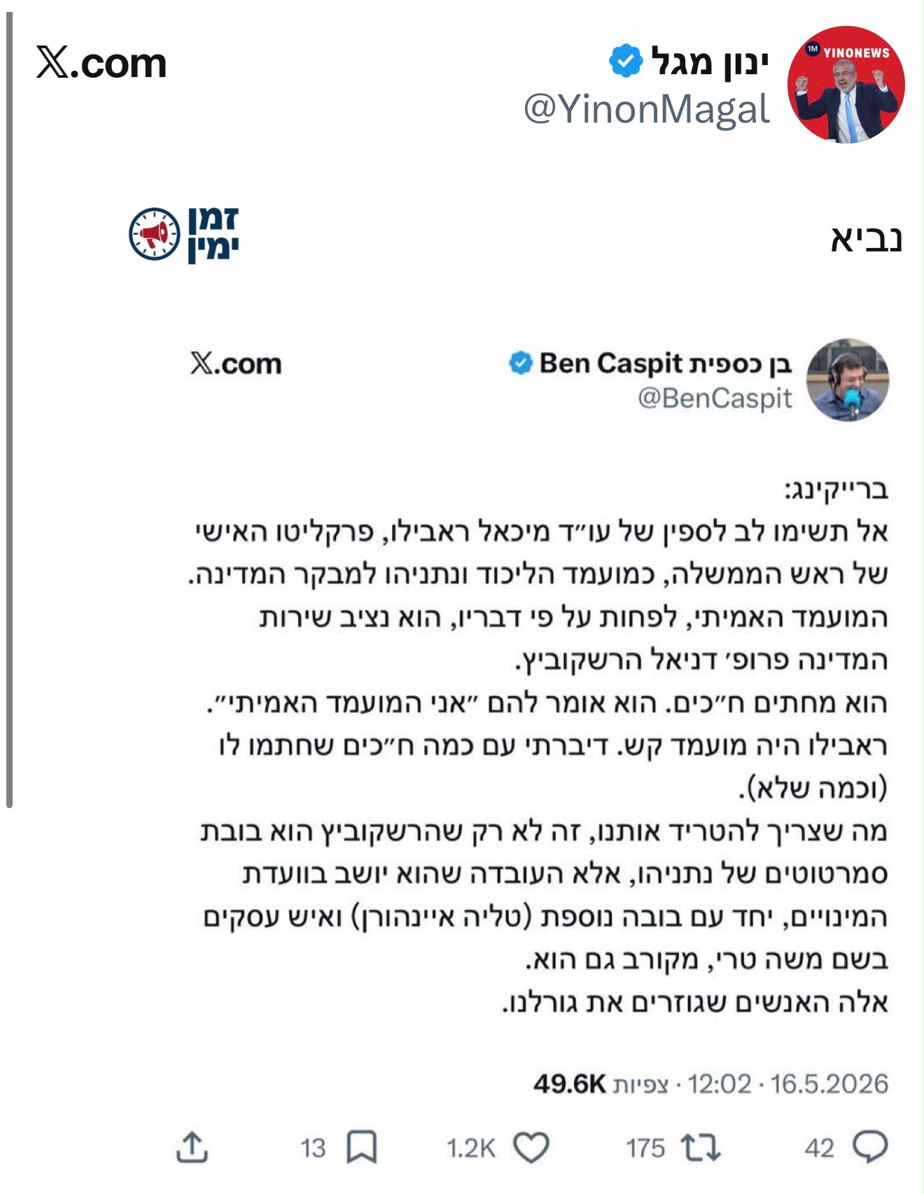 בן כספית לפני כמה שבועות: המועמד האמיתי של נתניהו לתפקיד מבקר המדינה,…