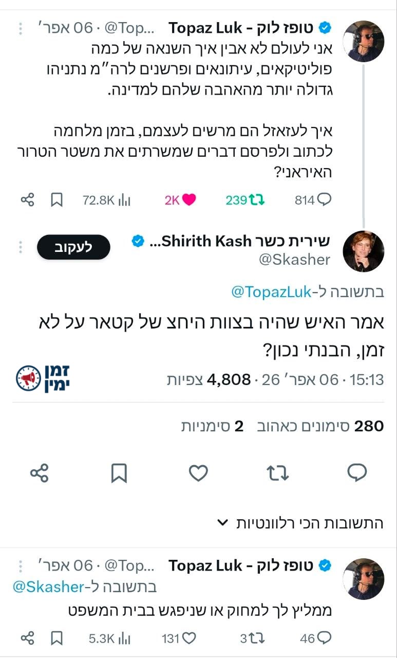 ינון מגל: טופז לוק שלח מכתב התראה לפני תביעה לצייצנית שירית כשר על הצ…