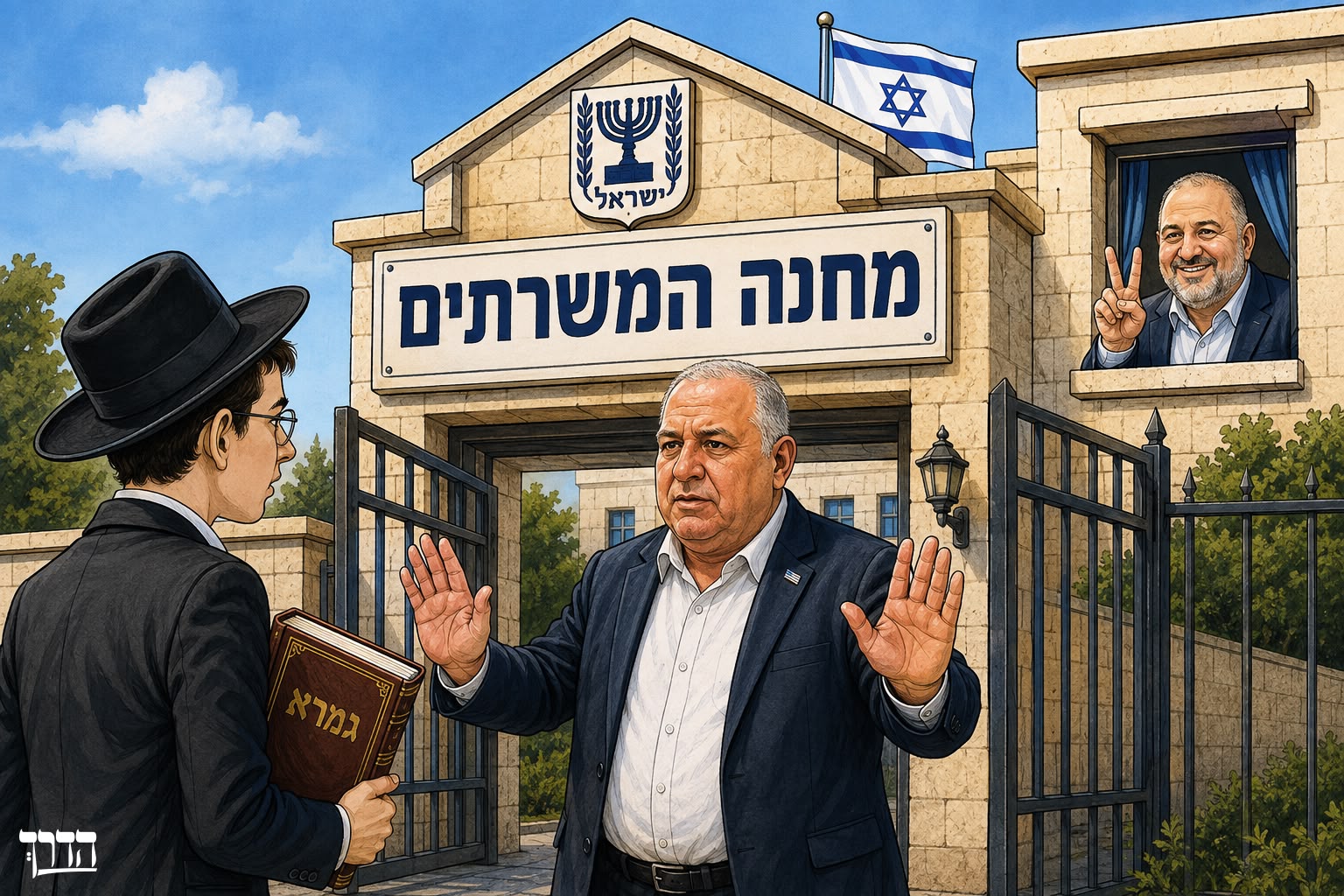 הקריקטורה השבועית בעיתון ׳הדרך׳: איזנקוט חוסם חרדי מלהיכנס לממשלה. בע…